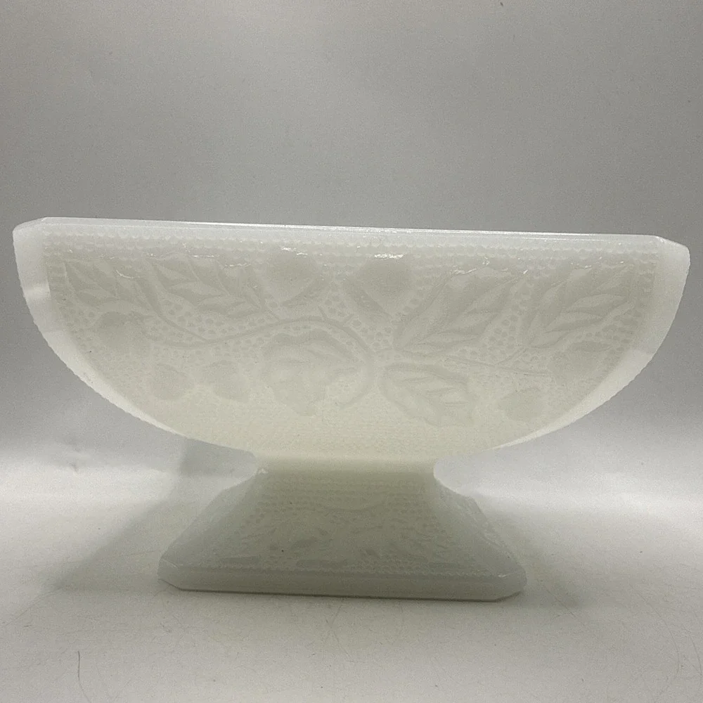 Vintage Jeanette Milk Glass Square Pedestal Candy Dish Acorn & Leaf Pattern